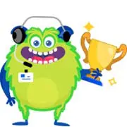 nitro-gamification-monster A green monster holding a trophy and wearing headphones.