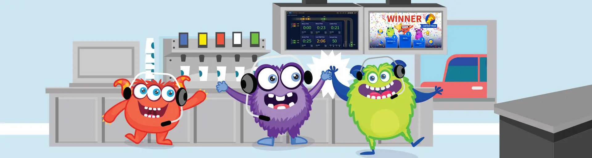 qsr-zoom-nitro-break Two cartoon monsters in a room with one holding a microphone.