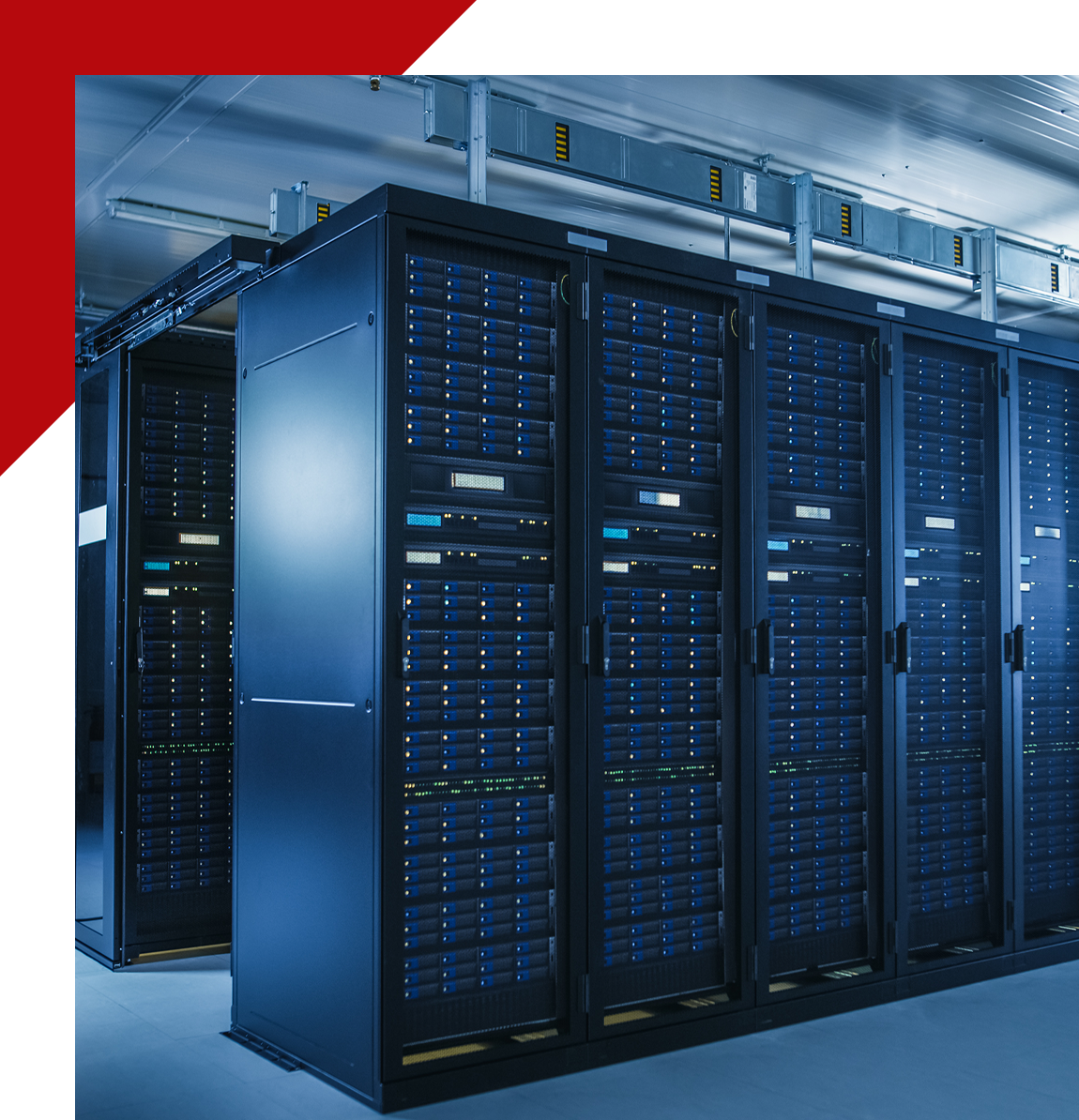 Group 11 A row of servers in a room with red and green background.