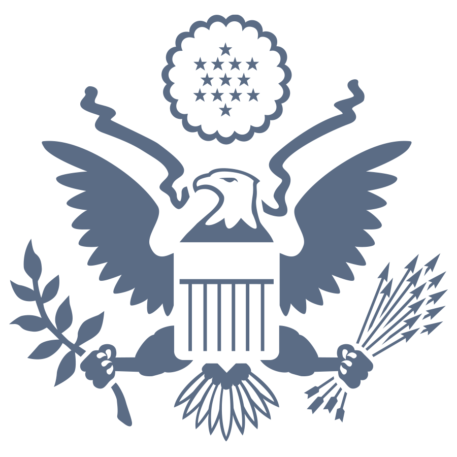 A blue eagle with two branches and leaves.