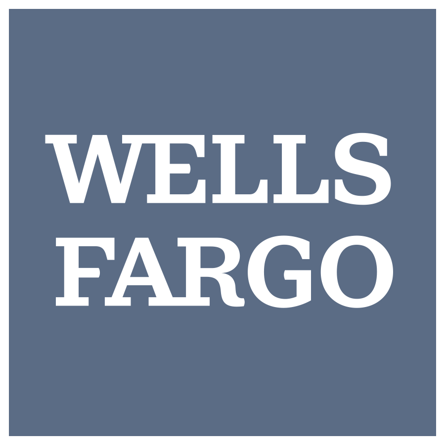 A blue square with the words wells fargo written in it.