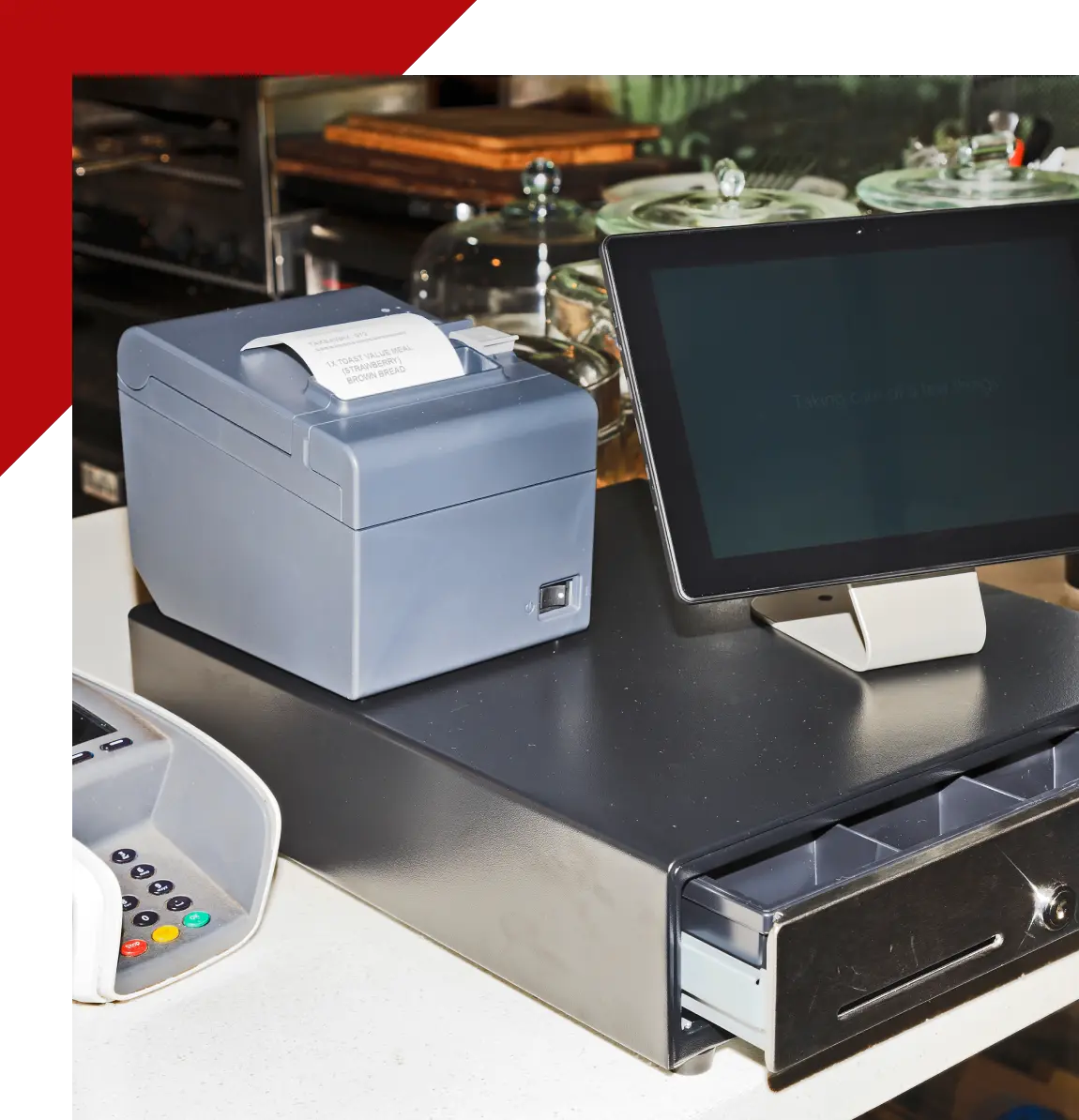 Group 9 A computer and printer on top of a table.