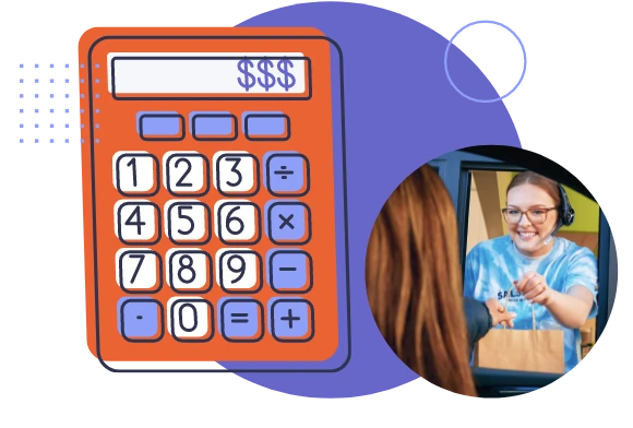 par-calc-cta-img-1 A calculator with the image of a person in front.