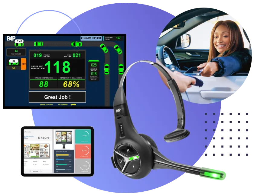 serve-more-cars-make-more-sales-img A woman is driving in her car and some other devices are on the table.