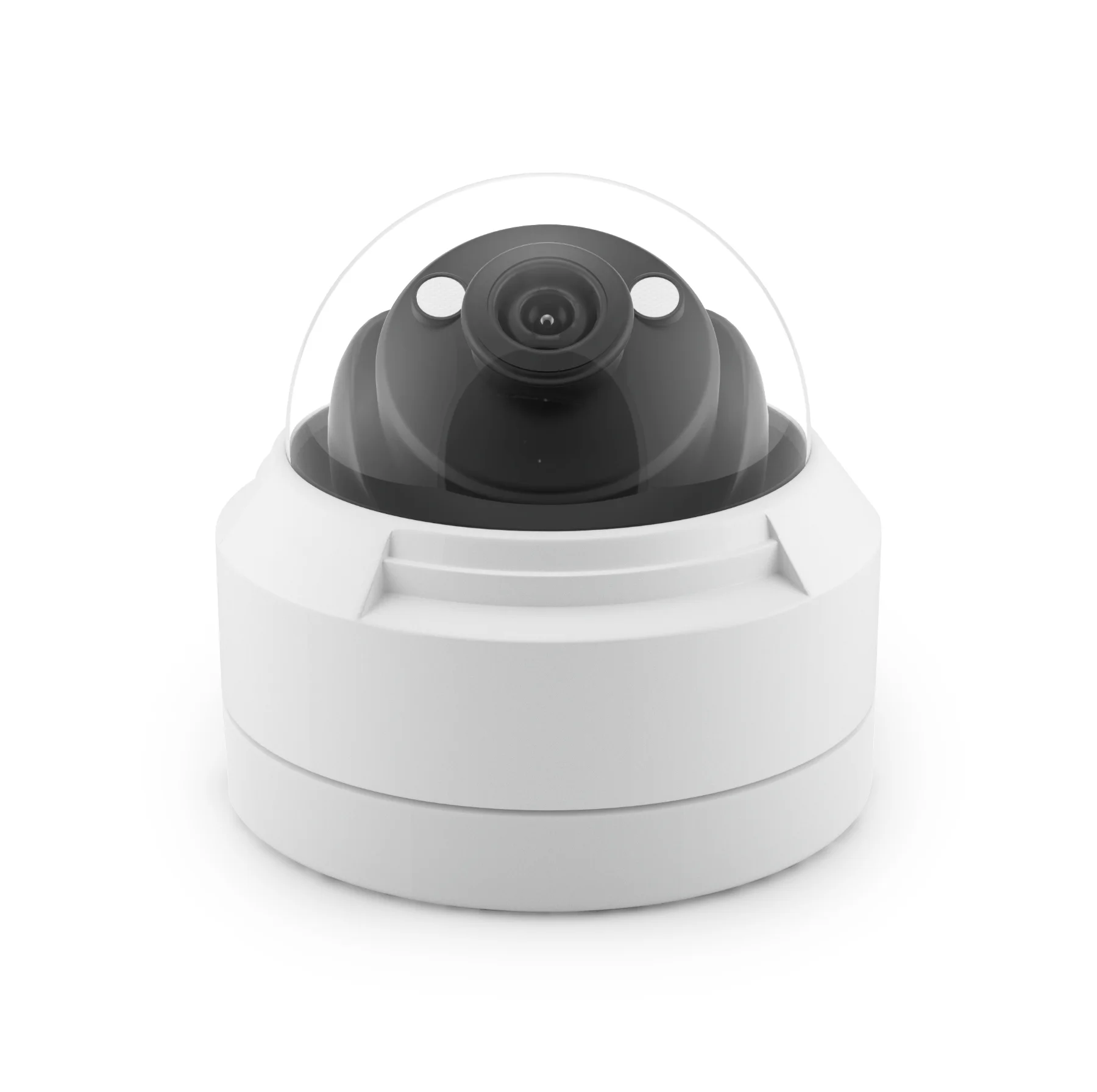 A white camera with black lens on top of it.