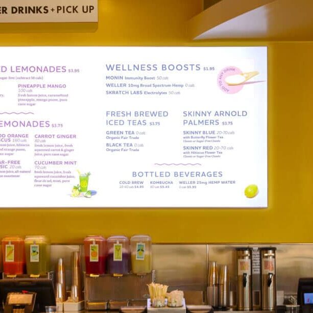 DSA-Signage-Lemonade-light-box-menu-980x613 A large screen in the wall of a restaurant.